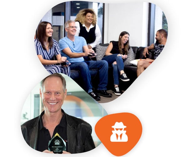 Knowsters chatting amiably, KnowBe4 CEO Stu Sjouwerman smiling while holding a trophy, and a silhouette representing the bad actors KnowBe4 helps to defend against.