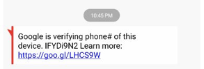 Smishing attack message impersonating a Google Verification Message