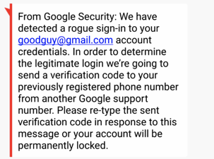 Attacker sends smishing message impersonating Google Security caliming a rogue sign-in to your account